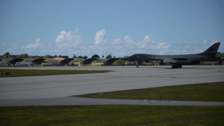 Two B-1B Lancers take off from Andersen Air Force Base, Guam for a training mission Aug. 11, 2017